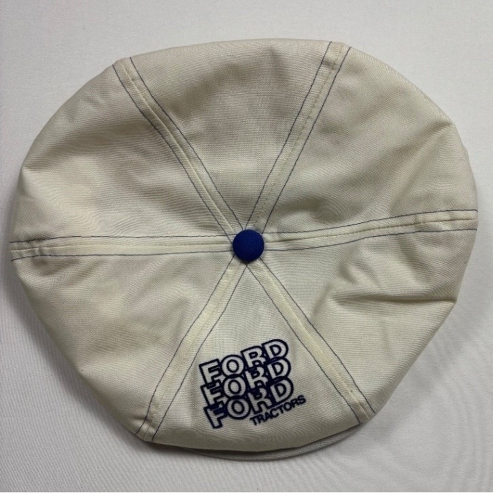 Vintage Ford Tractors Newsboy Cap Cream Blue Flat Cabbie Hat Adjustable